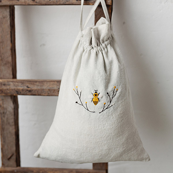 embroidered bee linen pouch bag by all the beautiful linen