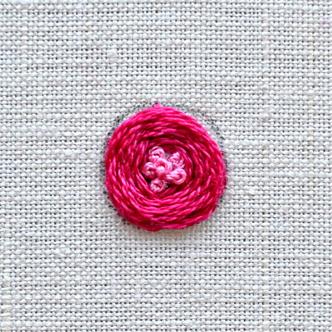 woven rose with french knot center - flower embroidery tutorial