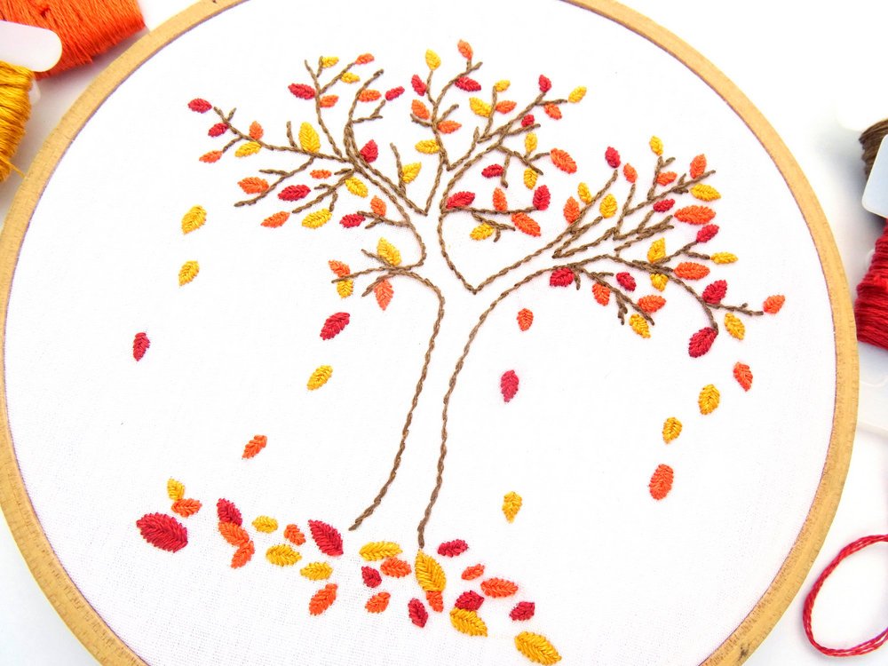 autumn tree embroidery pattern by wandering threads art