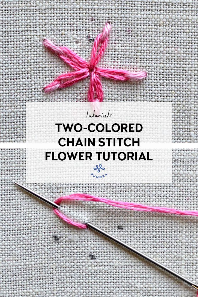 two-colored chain stitch flower embroidery tutorial