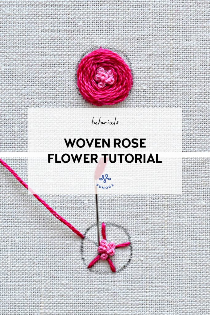 woven rose with french knot center - flower embroidery tutorial