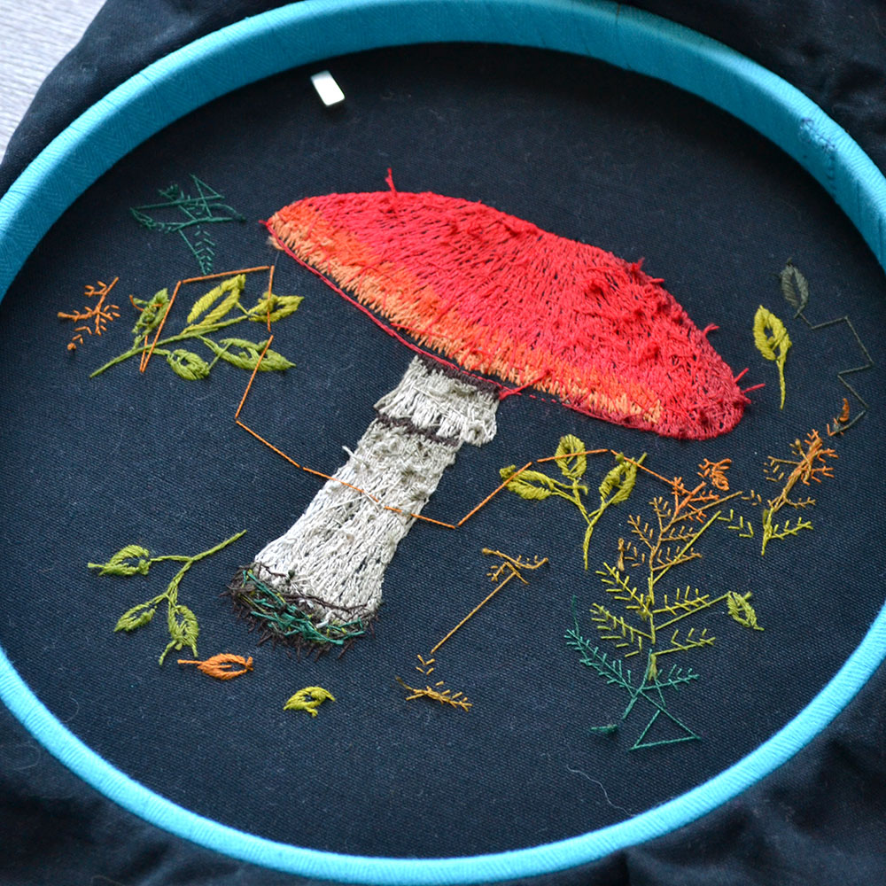 Mushroom embroidery from the back